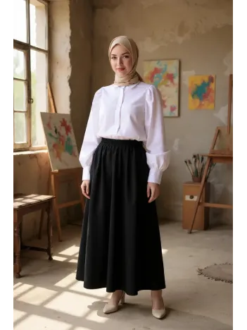 Kadın Siyah Double Kumaş Beli Lastikli Cepli Etek