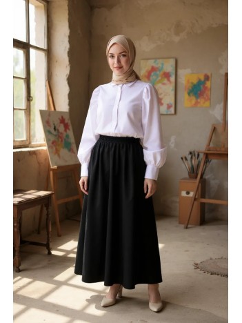 Kadın Siyah Double Kumaş Beli Lastikli Cepli Etek