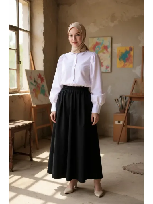 Kadın Siyah Double Kumaş Beli Lastikli Cepli Etek Kadın Siyah Double Kumaş Beli Lastikli Cepli Etek