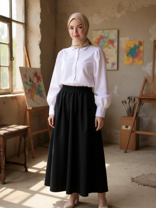 Kadın Siyah Double Kumaş Beli Lastikli Cepli Etek Kadın Siyah Double Kumaş Beli Lastikli Cepli Etek