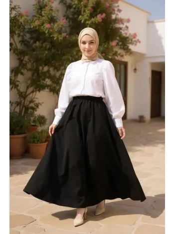 Kadın Siyah Double Kumaş Beli Lastikli Cepli Etek