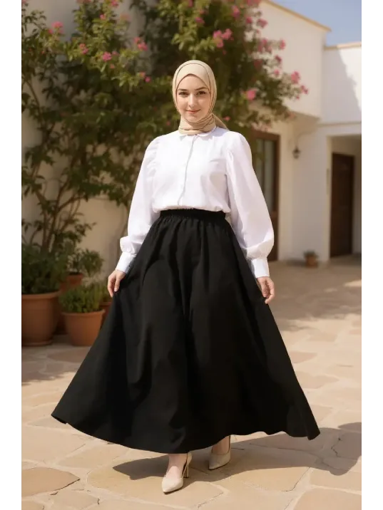 Kadın Siyah Double Kumaş Beli Lastikli Cepli Etek