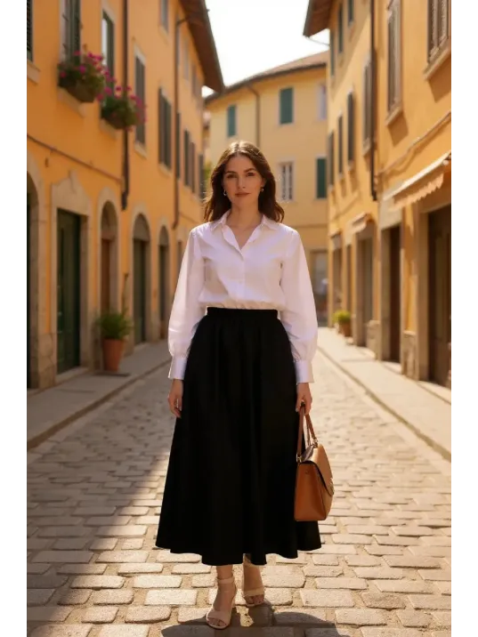 Kadın Siyah Double Kumaş Beli Lastikli Cepli Etek