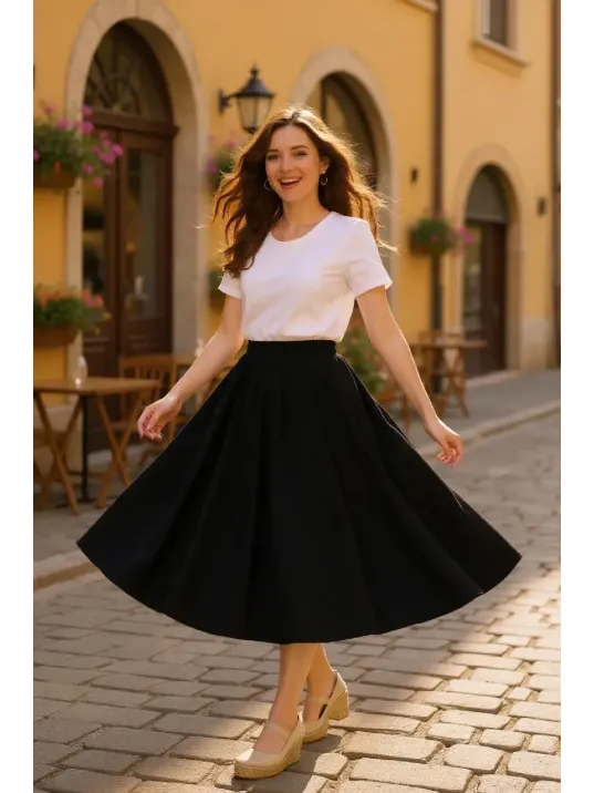 Kadın Siyah Double Kumaş Beli Lastikli Cepli Etek