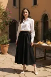 Kadın Siyah Double Kumaş Beli Lastikli Cepli Etek