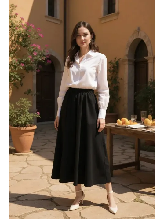 Kadın Siyah Double Kumaş Beli Lastikli Cepli Etek
