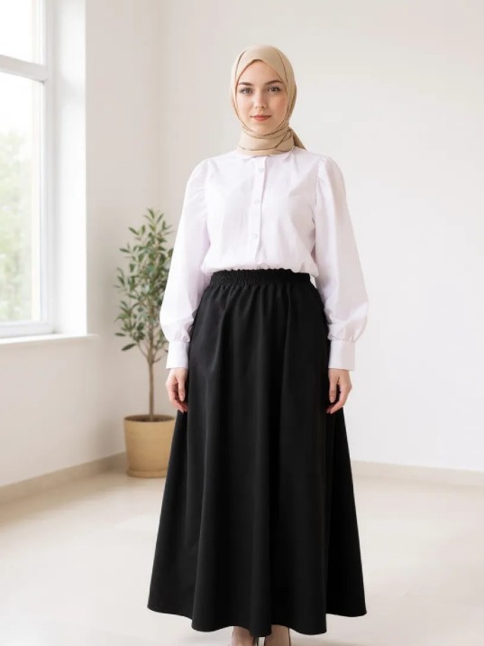Kadın Siyah Double Kumaş Beli Lastikli Cepli Etek Kadın Siyah Double Kumaş Beli Lastikli Cepli Etek