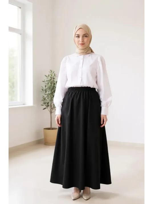 Kadın Siyah Double Kumaş Beli Lastikli Cepli Etek