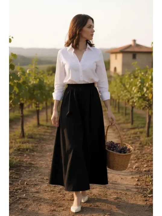 Kadın Siyah Double Kumaş Beli Lastikli Cepli Etek