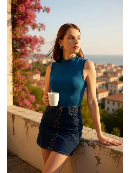 Kadın Mavi Kolsuz Balıkçı Yaka Basic Bluz