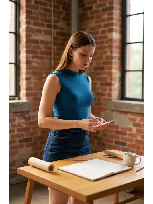 Kadın Mavi Kolsuz Balıkçı Yaka Basic Bluz