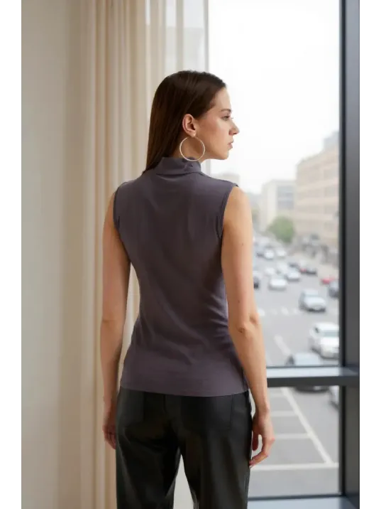 Kadın Antrasit Gri Kolsuz Balıkçı Yaka Basic Bluz