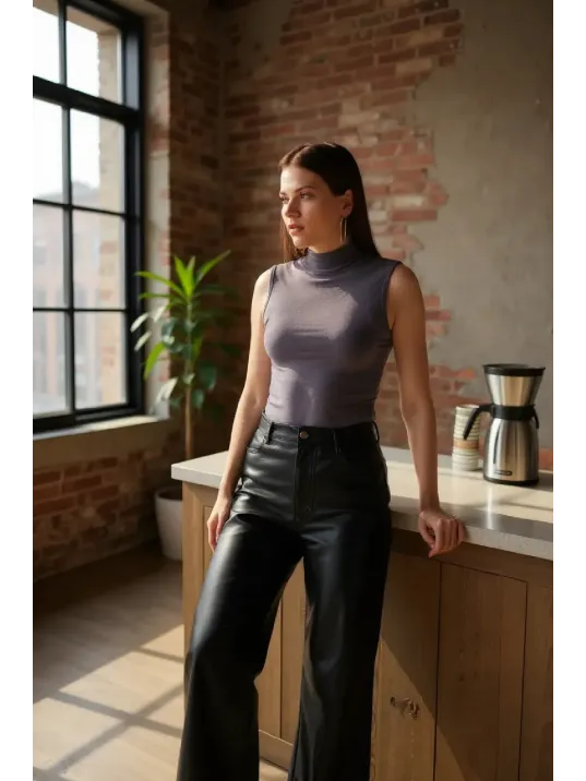 Kadın Antrasit Gri Kolsuz Balıkçı Yaka Basic Bluz