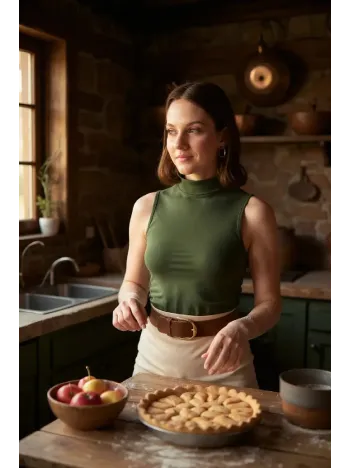 Kadın Haki Yeşili Kolsuz Balıkçı Yaka Basic Bluz