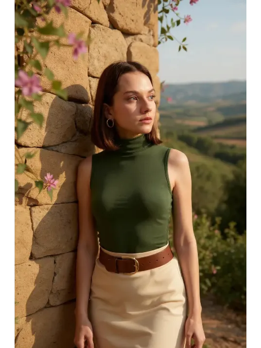 Kadın Haki Yeşili Kolsuz Balıkçı Yaka Basic Bluz