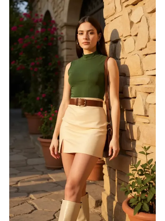 Kadın Haki Yeşili Kolsuz Balıkçı Yaka Basic Bluz