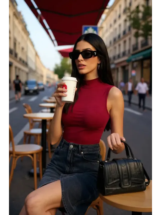 Kadın Bordo Kolsuz Balıkçı Yaka Basic Bluz