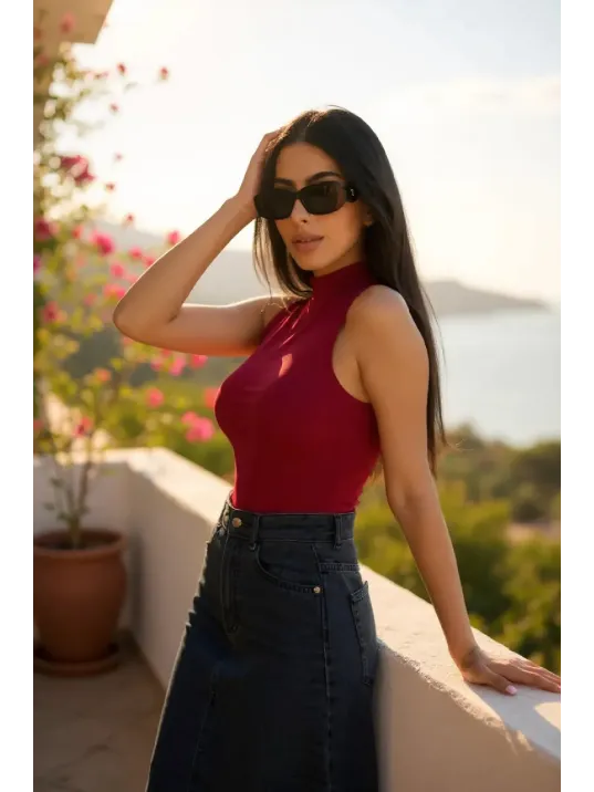 Kadın Bordo Kolsuz Balıkçı Yaka Basic Bluz