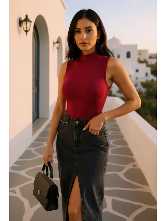 Kadın Bordo Kolsuz Balıkçı Yaka Basic Bluz