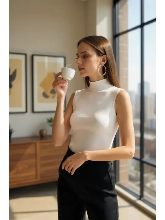 Kadın Beyaz Kolsuz Balıkçı Yaka Basic Bluz