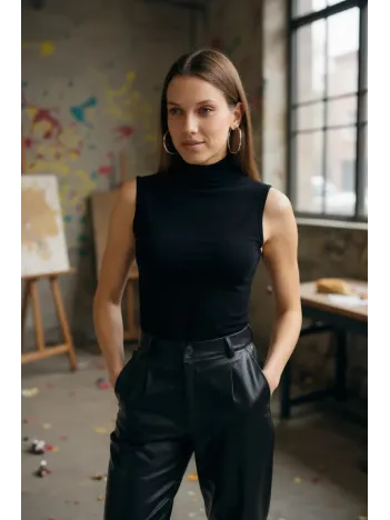 Kadın Siyah Kolsuz Balıkçı Yaka Basic Bluz