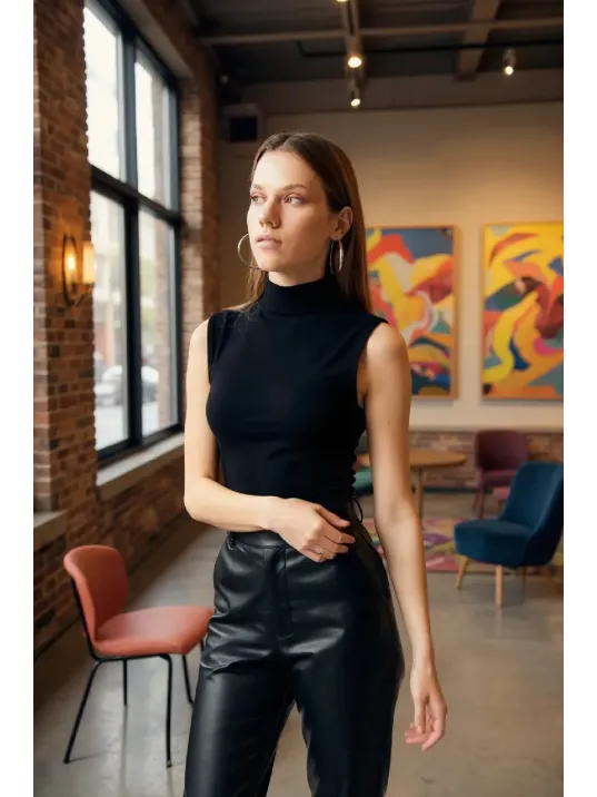 Kadın Siyah Kolsuz Balıkçı Yaka Basic Bluz