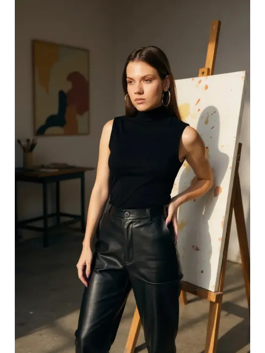 Kadın Siyah Kolsuz Balıkçı Yaka Basic Bluz