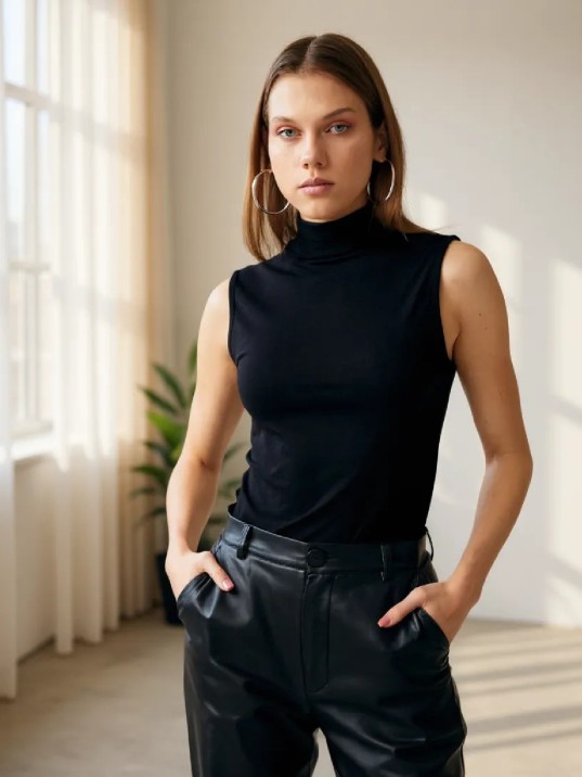 Kadın Siyah Kolsuz Balıkçı Yaka Basic Bluz Kadın Siyah Kolsuz Balıkçı Yaka Basic Bluz