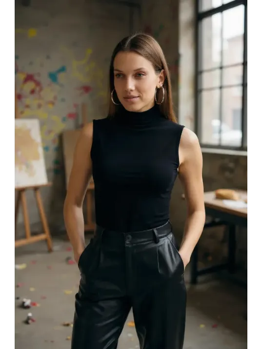 Kadın Siyah Kolsuz Balıkçı Yaka Basic Bluz