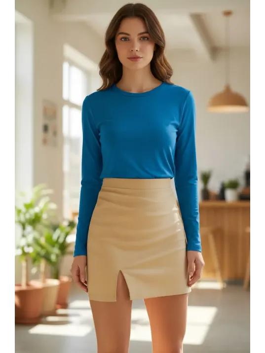 Kadın Mavi Parmak Detaylı Esnek Uzun Kollu Body