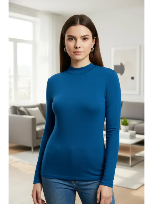 Kadın Mavi Parmak Detaylı Esnek Uzun Kollu Body