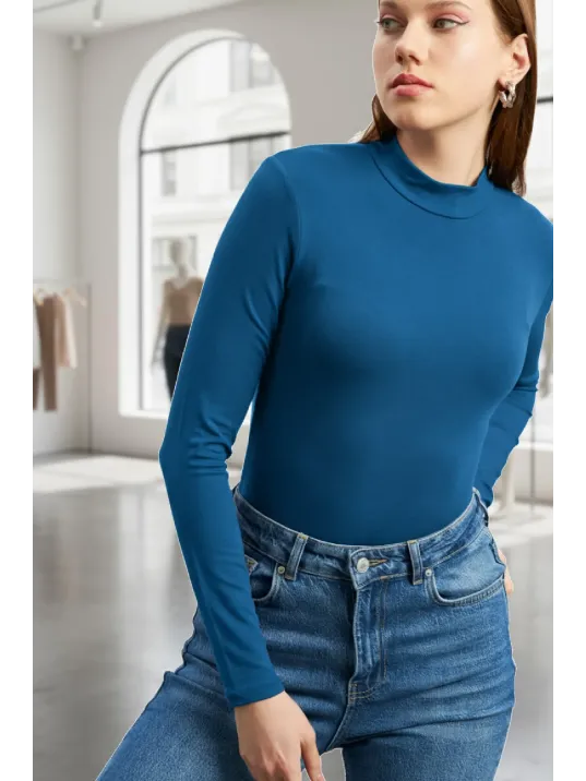 Kadın Mavi Parmak Detaylı Esnek Uzun Kollu Body