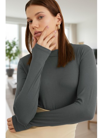 Kadın Antrasit Gri Parmak Detaylı Esnek Uzun Kollu Body