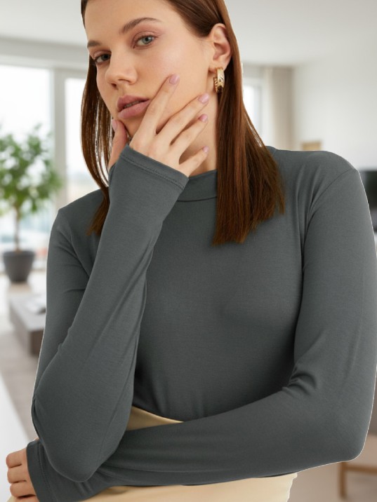 Kadın Antrasit Gri Parmak Detaylı Esnek Uzun Kollu Body Kadın Antrasit Gri Parmak Detaylı Esnek Uzun Kollu Body