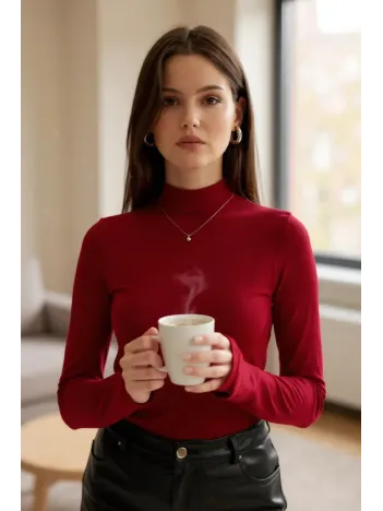 Kadın Bordo Parmak Detaylı Esnek Uzun Kollu Body