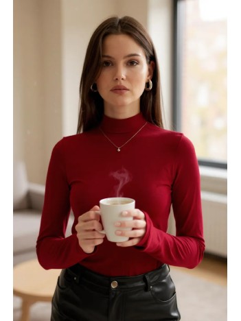 Kadın Bordo Parmak Detaylı Esnek Uzun Kollu Body