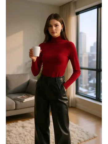 Kadın Bordo Parmak Detaylı Esnek Uzun Kollu Body