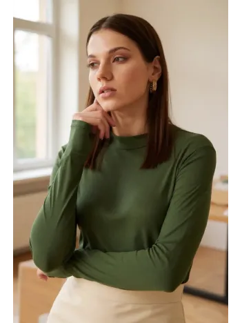 Kadın Haki Yeşili Parmak Detaylı Esnek Uzun Kollu Body