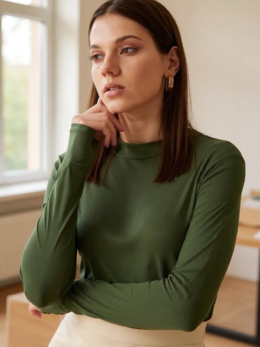 Kadın Haki Yeşili Parmak Detaylı Esnek Uzun Kollu Body Kadın Haki Yeşili Parmak Detaylı Esnek Uzun Kollu Body