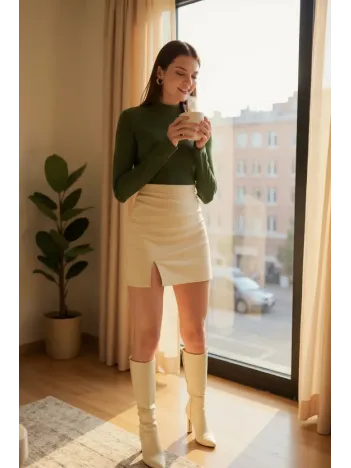 Kadın Haki Yeşili Parmak Detaylı Esnek Uzun Kollu Body