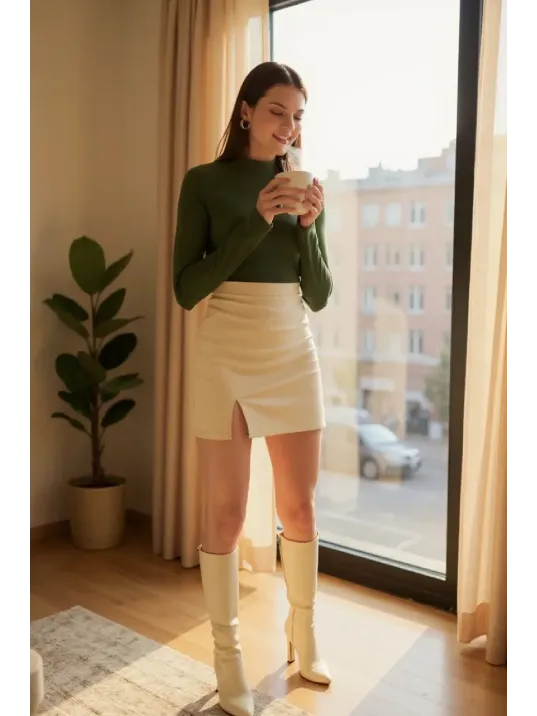 Kadın Haki Yeşili Parmak Detaylı Esnek Uzun Kollu Body