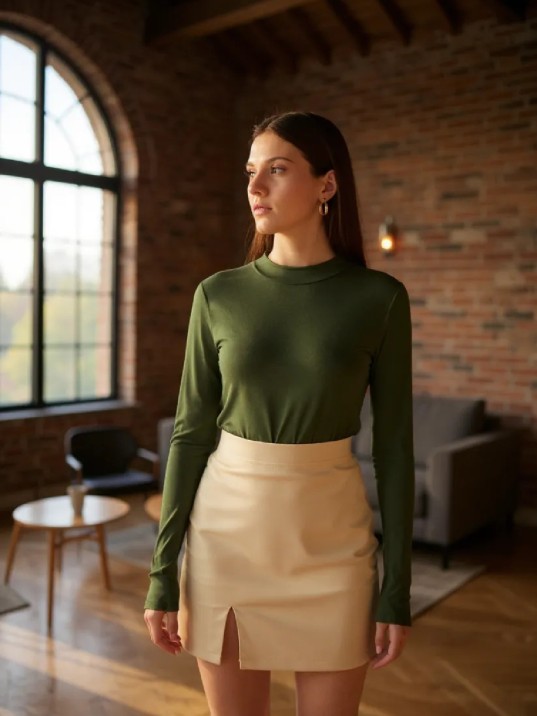 Kadın Haki Yeşili Parmak Detaylı Esnek Uzun Kollu Body Kadın Haki Yeşili Parmak Detaylı Esnek Uzun Kollu Body