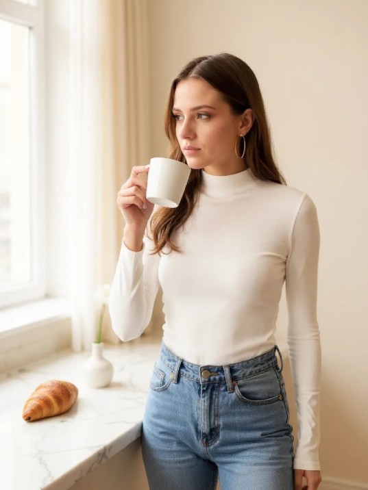 Kadın Beyaz Parmak Detaylı Esnek Uzun Kollu Body