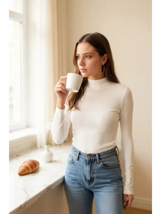 Kadın Beyaz Parmak Detaylı Esnek Uzun Kollu Body