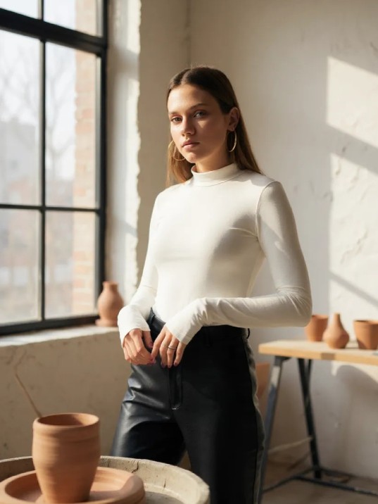 Kadın Beyaz Parmak Detaylı Esnek Uzun Kollu Body