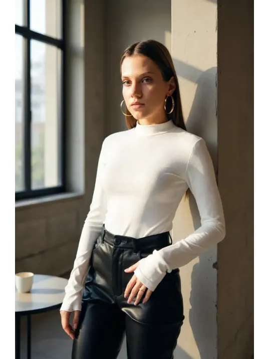 Kadın Beyaz Parmak Detaylı Esnek Uzun Kollu Body