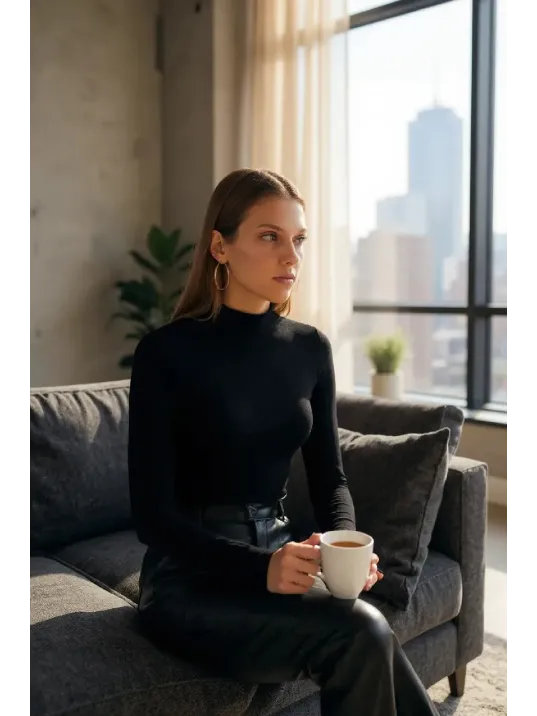 Kadın Siyah Parmak Detaylı Esnek Uzun Kollu Body