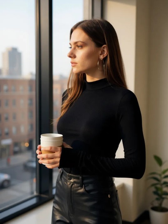 Kadın Siyah Parmak Detaylı Esnek Uzun Kollu Body