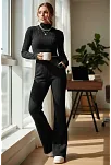 Kadın Siyah Boğazlı Crop Top Ve Yüksek Bel Eşofman Takımı Spor Şık Kombin