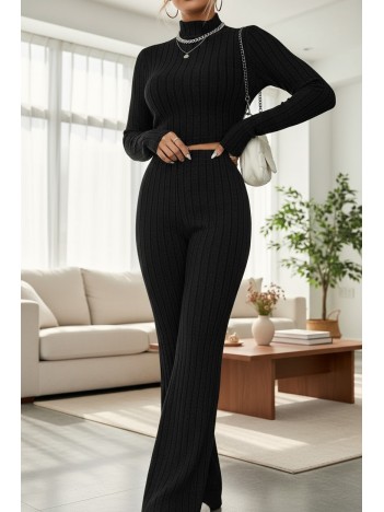 Kadın Siyah Boğazlı Crop Top Ve Yüksek Bel Eşofman Takımı Spor Şık Kombin